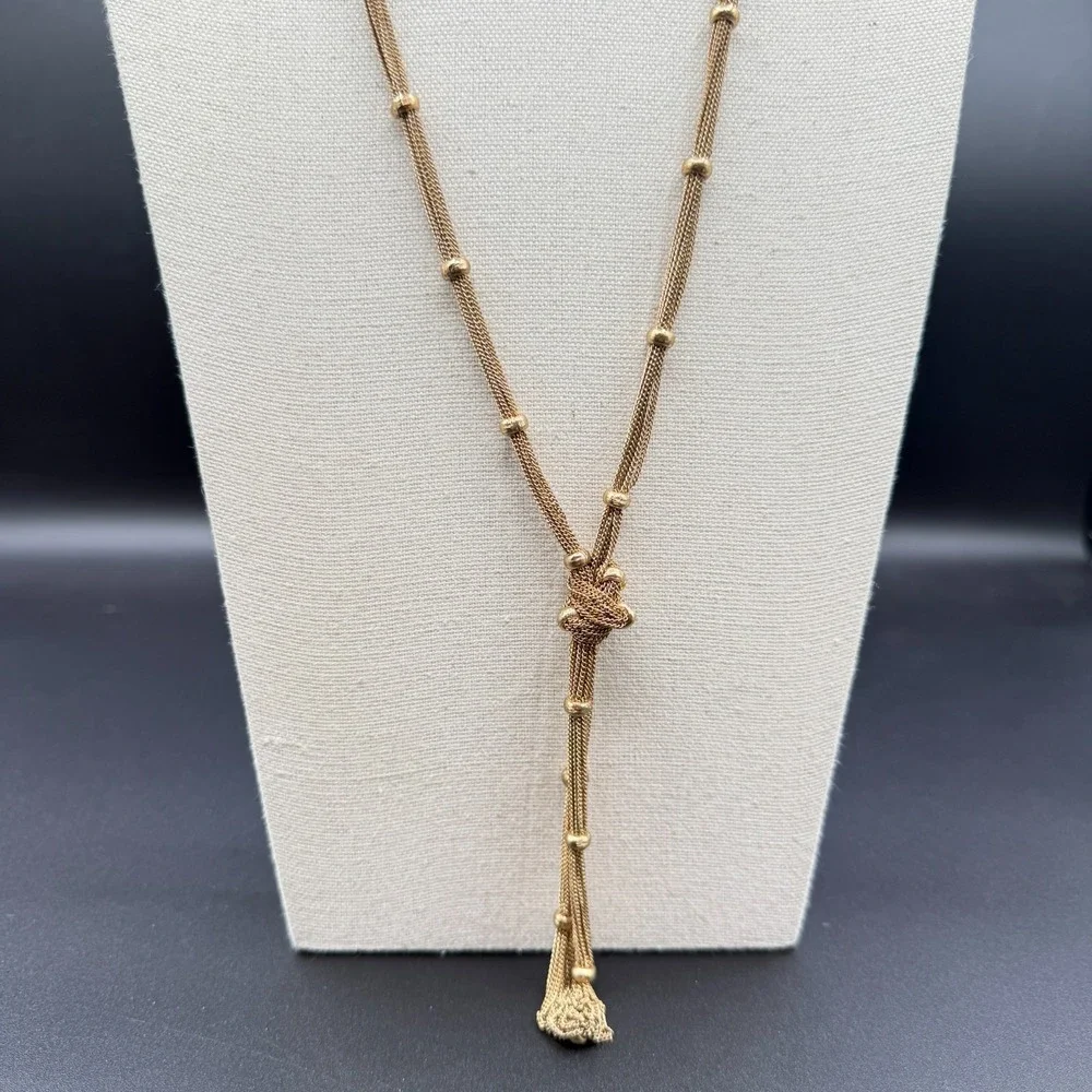 Gold Tone Multi Strand Mesh Chain Lariat Knot Tassel Necklace Statement Boho